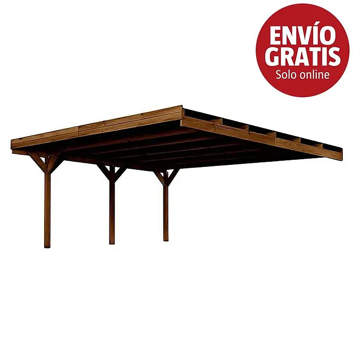 Cerland Carport Adosado Victor - Medidas ext. (An x Pr): 586 x 511 cm, Carport doble, Marrón - Cochera de madera marrón oscuro con techo plano, sostenida por postes.
