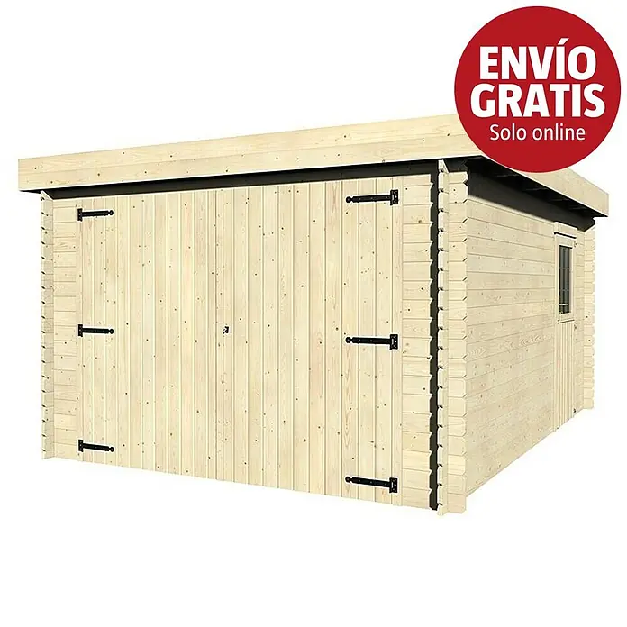 Décor et Jardin Garaje Galan - Medidas ext. (An x Pr): 349 x 481 cm, Espesor de pared: 28 mm, Natural, 16,79 m² - Caseta de jardín o garaje de madera clara con doble puerta y ventana lateral.