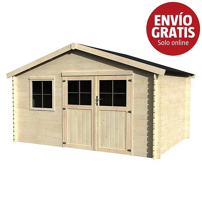 Décor et Jardin Caseta de jardín Flodeal - Medidas ext. (An x Pr): 419 x 302 cm, Espesor de pared: 28 mm, Natural - Caseta de jardín de madera clara con tejado a dos aguas, puertas dobles y ventana.