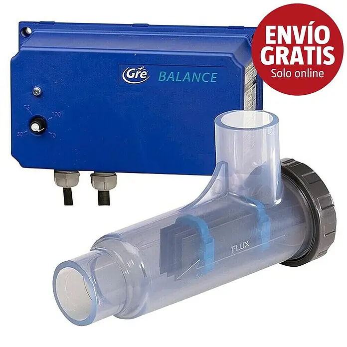 Gre Clorador salino Salt Balance - Específico para: Volumen de agua de 55 m³ - Caja de control Gre BALANCE azul con célula de flujo transparente FLUX para tratamiento de agua.