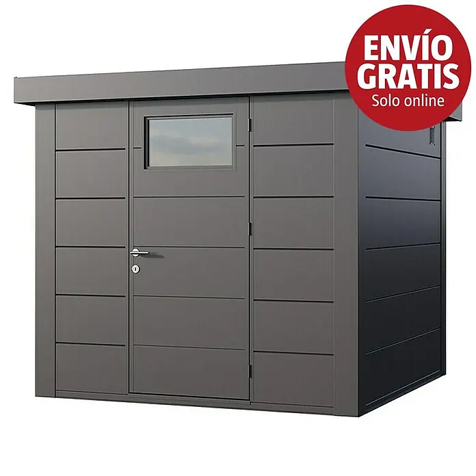 Telluria Caseta para jardín Classico 2424 - Antracita, Sin set - Caseta de jardín de metal gris oscuro con techo plano, ventana pequeña y puerta con tirador.