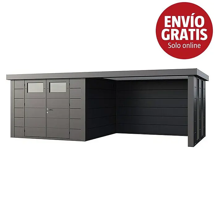 Telluria Caseta para jardín Classico 3030 con salón a la derecha y 2 ventanas - Medidas ext. (An x Pr): 662 x 318 cm, Acero, Antracita, Sin set - Caseta de jardín gris oscuro con puertas dobles, ventanas y un carport/refugio integrado.