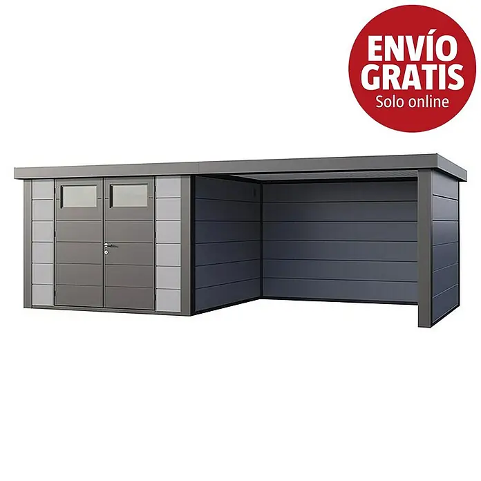 Telluria Caseta para jardín Classico 3330 con salón a la derecha - Medidas ext. (An x Pr): 692 x 318 cm, Acero, Gris claro, Sin set - Caseta de jardín metálica gris con marquesina adjunta.