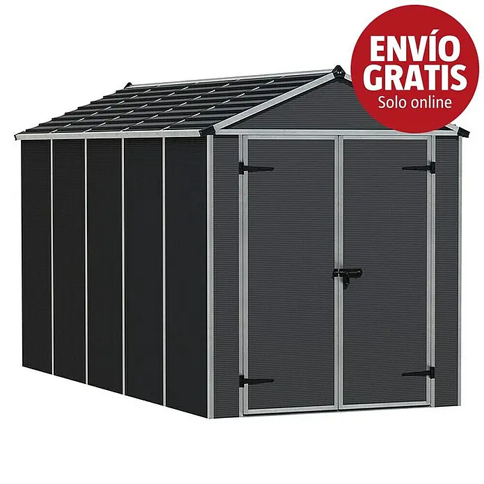 Palram – Canopia Caseta de jardín Rubicon - Medidas ext. (An x Pr): 1,85 x 3,78 m, Plástico, Gris - Caseta de jardín metálica gris oscuro con tejado a dos aguas y puertas dobles para almacenamiento exterior.