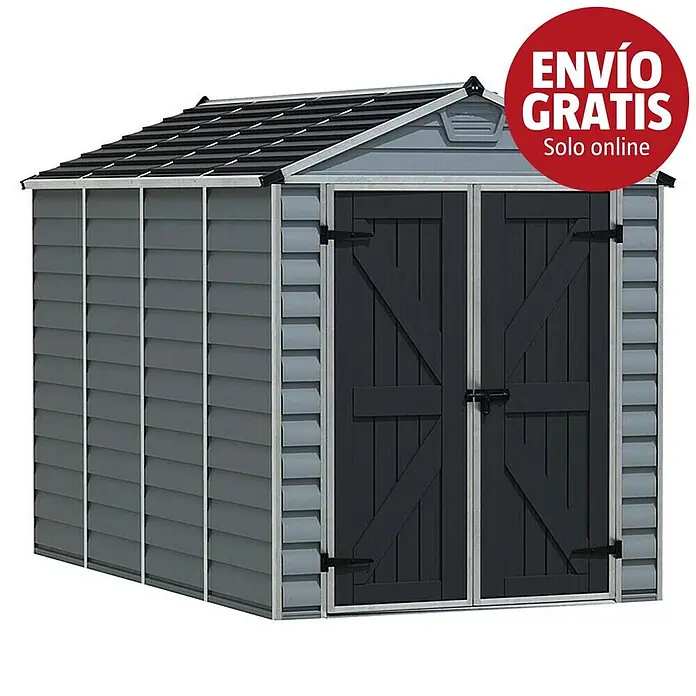 Palram – Canopia Caseta de jardín Skylight - Medidas ext. (An x Pr): 185 x 303,6 cm, Plástico, Antracita/gris - Caseta de jardín de plástico gris con puertas dobles negras y tejado a dos aguas para almacenamiento exterior.