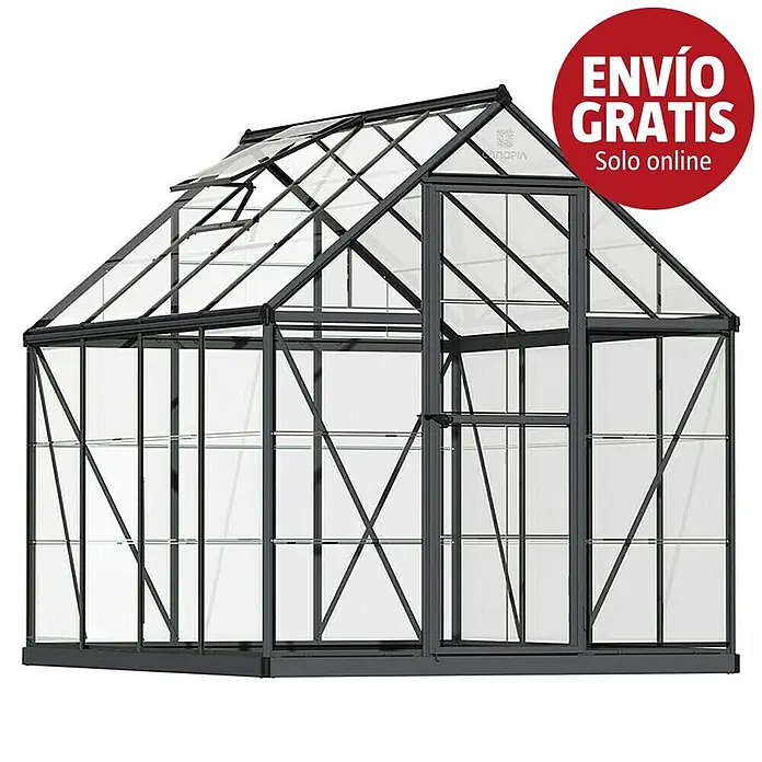 Palram – Canopia Invernadero Harmony - Medidas ext. (An x Pr): 185 x 247 cm, Gris, Área: 4,6 m² - Invernadero con estructura gris oscuro y paneles transparentes, con ventilación de techo abierta.