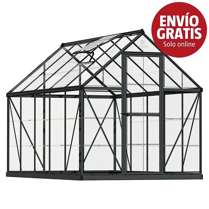 Palram – Canopia Invernadero Harmony - Medidas ext. (An x Pr): 185 x 306 cm, Gris/Transparente, Área: 5,7 m² - Invernadero con estructura de metal gris oscuro y paneles transparentes, techo a dos aguas, puerta única y ventana de techo.