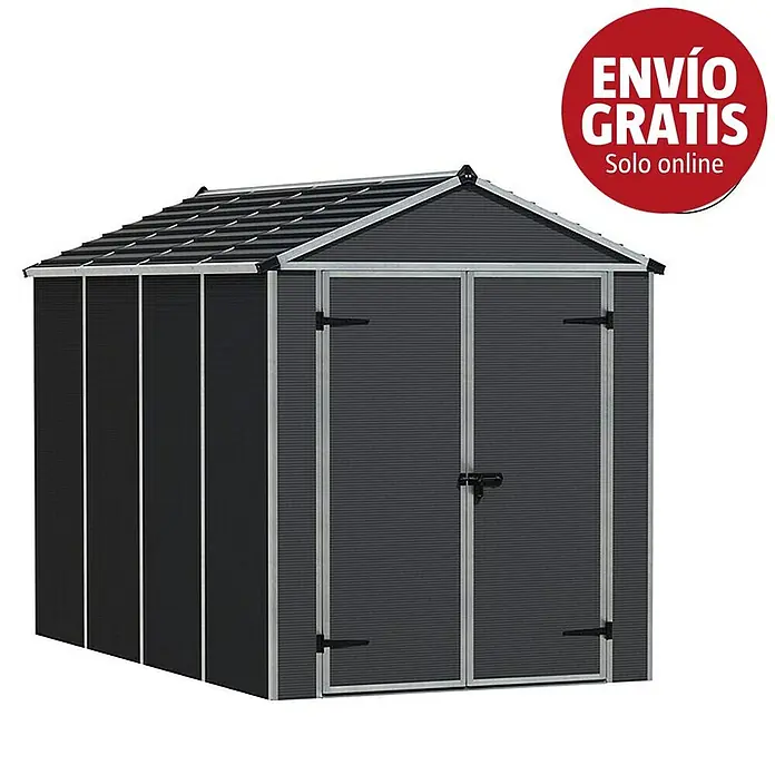 Palram – Canopia Caseta de jardín Rubicon - Medidas ext. (An x Pr): 1,85 x 3,03 m, Plástico, Gris - Caseta de jardín de metal gris oscuro con techo a dos aguas y puertas dobles.