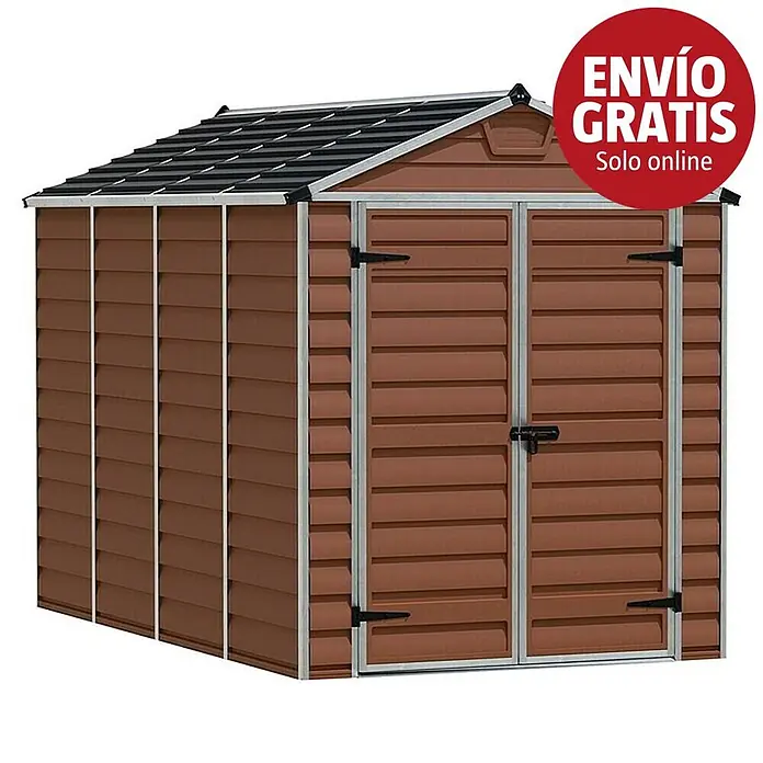 Palram – Canopia Caseta de jardín Skylight - Medidas ext. (An x Pr): 185 x 303,6 cm, Plástico, Ámbar - Caseta de jardín marrón con techo negro y marco plateado.