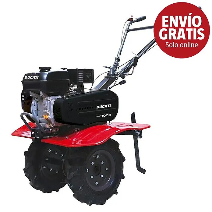 Ducati Azada de gasolina DTL9000 - 4,1 kW, 4 tiempos, Recomendación máxima de superficie: 1.500 m² - Motocultor Ducati DTL9000 rojo y negro con ruedas grandes y manillar, para labrar la tierra.