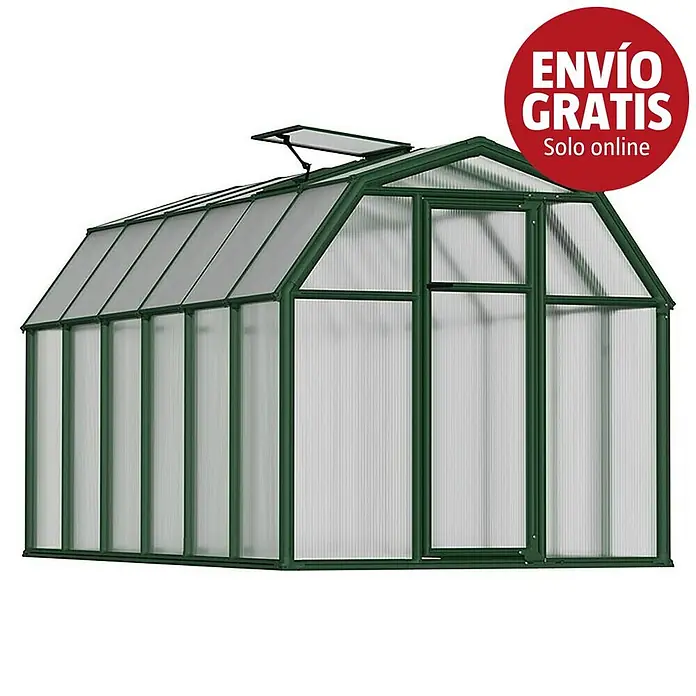 Palram – Canopia Invernadero Eco Grow - Medidas ext. (An x Pr): 204 x 383 cm, 6 mm, Verde - Invernadero verde con paneles translúcidos y ventana de techo abierta, con distintivo rojo "ENVÍO GRATIS Solo online".