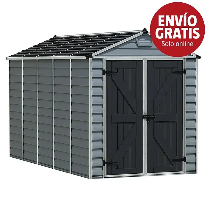 Palram – Canopia Caseta de jardín Skylight - Medidas ext. (An x Pr): 185 x 378 cm, Plástico, Antracita/gris - Caseta de jardín gris con techo gris oscuro y puertas dobles, con revestimiento horizontal y refuerzos decorativos en las puertas.