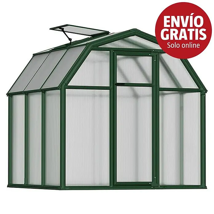 Palram – Canopia Invernadero Eco Grow - Medidas ext. (An x Pr): 204 x 197 cm, 6 mm, Verde - Invernadero con estructura verde y paneles de policarbonato transparente, puerta abatible y ventilación superior abierta.