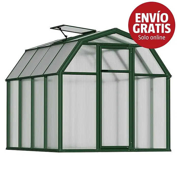 Palram – Canopia Invernadero Eco Grow - Medidas ext. (An x Pr): 204 x 239 cm, 6 mm, Verde - Invernadero verde con paneles transparentes y una ventana de techo abierta.