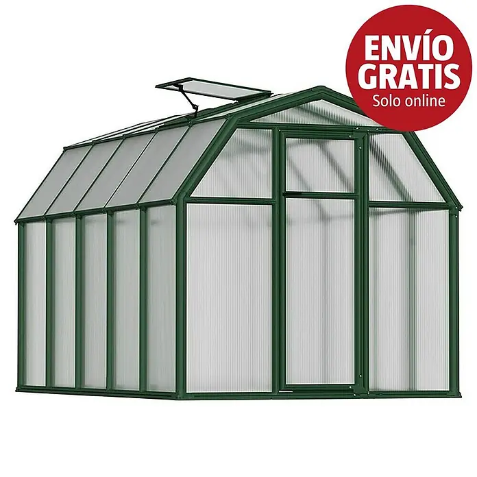 Palram – Canopia Invernadero Eco Grow - Medidas ext. (An x Pr): 204 x 321 cm, 6 mm, Verde - Invernadero verde con paneles transparentes y una ventana de techo abierta.
