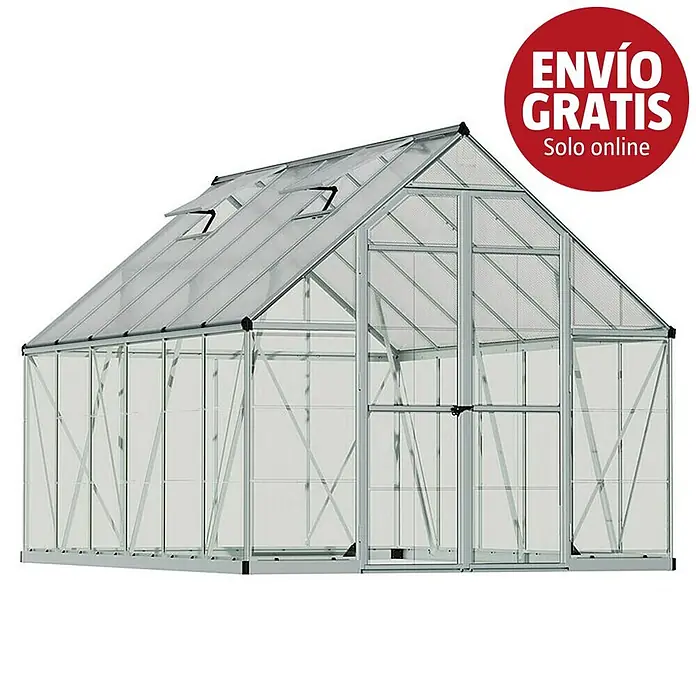 Palram – Canopia Invernadero Balance - Medidas ext. (An x Pr): 244 x 367 cm, 0,7 mm, Plateado/Transparente - Amplio invernadero de estructura de aluminio con paneles translúcidos, ventanas en el techo y puerta frontal.