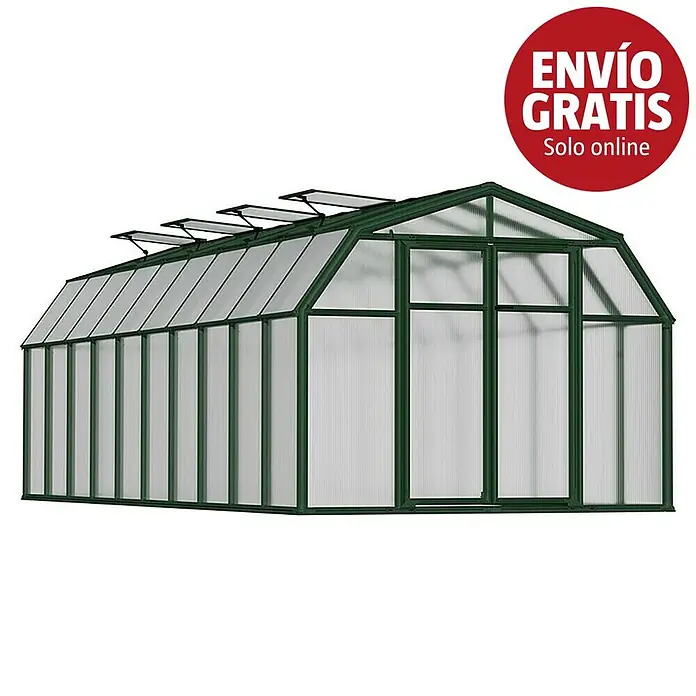 Palram – Canopia Invernadero Hobby Gardener - Medidas ext. (An x Pr): 266 x 641 cm, 6 mm, Verde - Gran invernadero con estructura de metal verde, paneles transparentes y ventilaciones de techo.