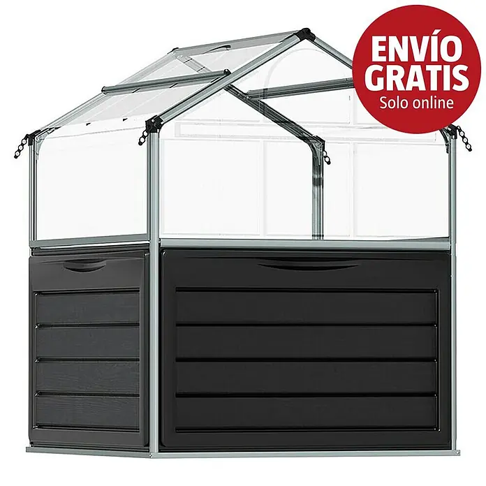 Palram – Canopia Invernadero Plant Inn - Medidas ext. (An x Pr): 118 x 118 cm, Material de la pared lateral: Plástico, 0,7 mm, Antracita - Invernadero compacto con paneles transparentes y base de almacenaje oscura.