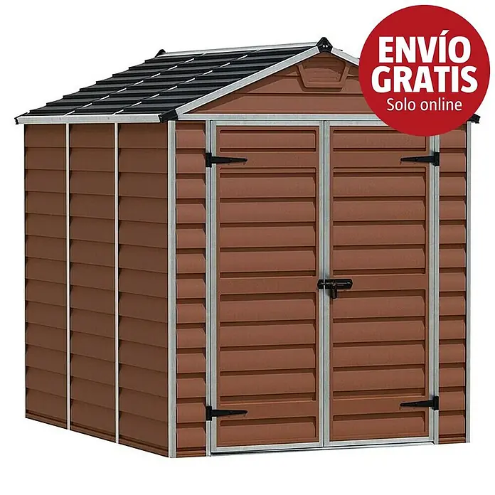 Palram – Canopia Caseta de jardín Skylight - Medidas ext. (An x Pr): 185 x 229 cm, Plástico, Ámbar - Caseta de jardín marrón con techo negro y molduras plateadas, con puertas dobles y diseño de paneles texturizados.