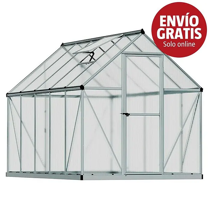 Palram – Canopia Invernadero Mythos - Medidas ext. (An x Pr): 185 x 306 cm, 4 mm, Plateado - Invernadero de policarbonato y aluminio, con tejado inclinado y puerta.
