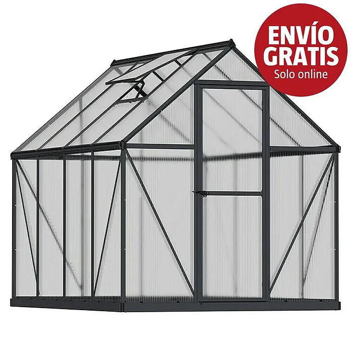 Palram – Canopia Invernadero Mythos - Medidas ext. (An x Pr): 185 x 247 cm, 4 mm, Gris - Invernadero moderno con estructura de aluminio gris oscuro, paneles transparentes corrugados y ventana de techo.