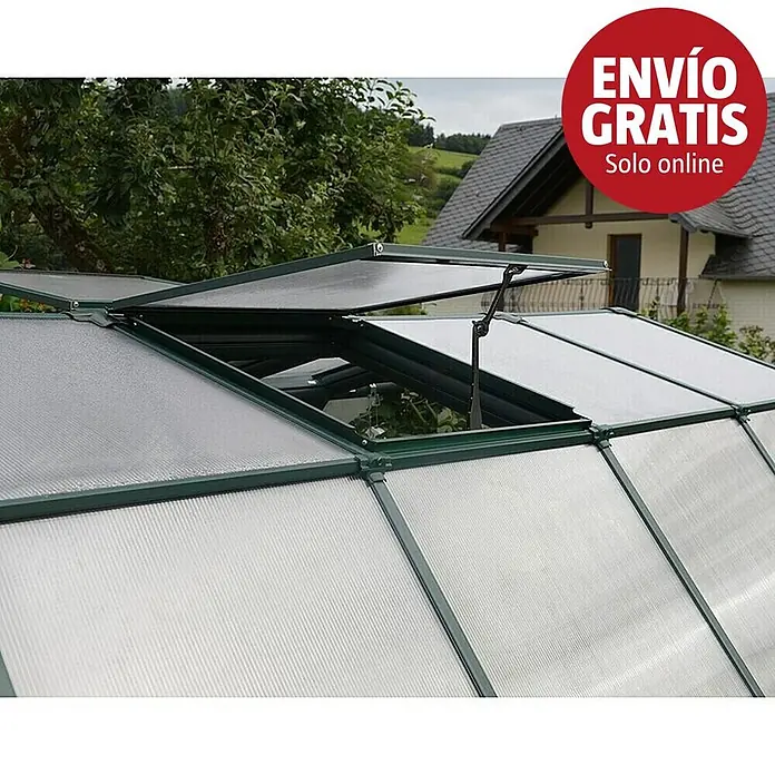 Palram – Canopia Ventana de techo para invernadero Eco Grow - Verde - Primer plano del techo de un invernadero con paneles transparentes estriados y marco verde oscuro, mostrando una ventilación de techo abierta.