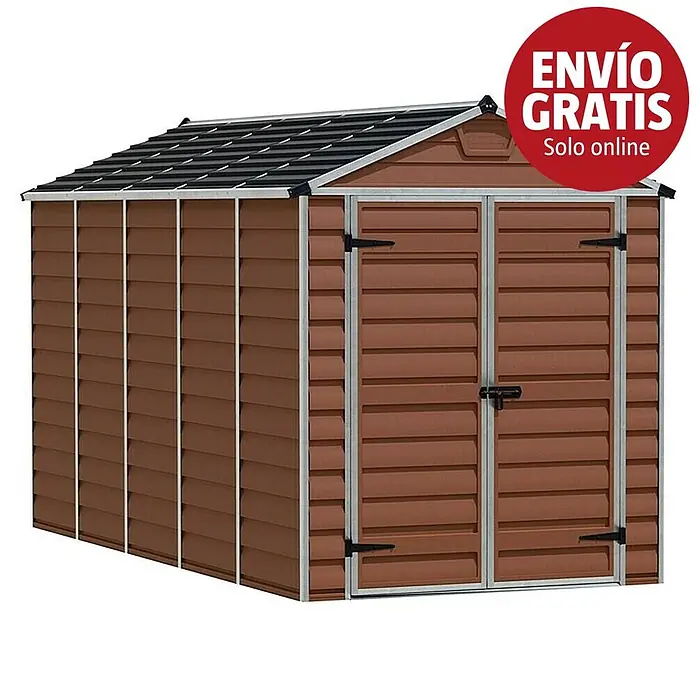 Palram – Canopia Caseta de jardín Skylight - Medidas ext. (An x Pr): 185 x 378 cm, Plástico, Ámbar - Caseta de jardín marrón de plástico con puertas dobles y techo inclinado.