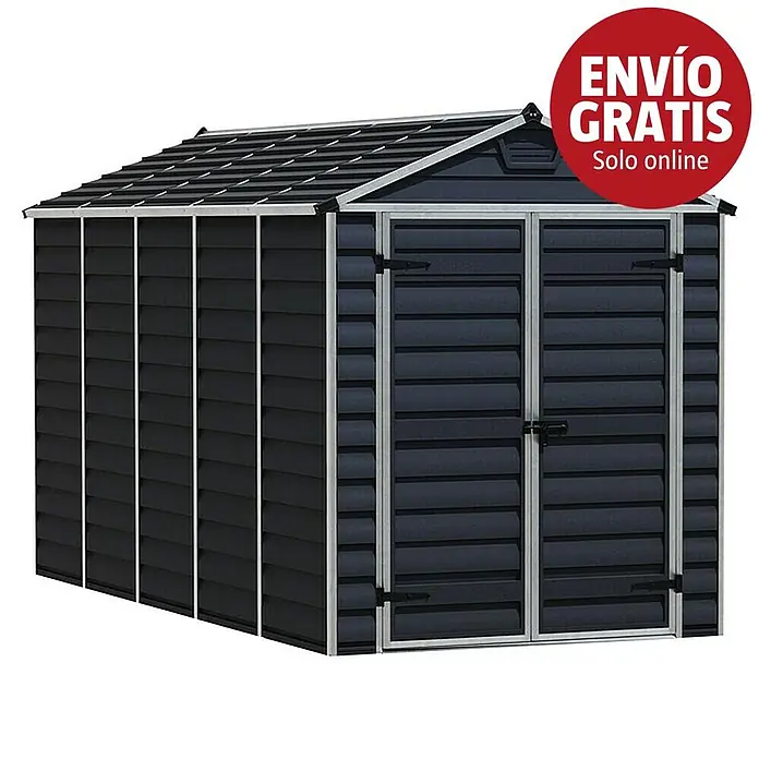 Palram – Canopia Caseta de jardín Skylight - Medidas ext. (An x Pr): 185 x 378 cm, Plástico, Antracita - Caseta de jardín gris oscuro con puertas dobles y marco gris claro.