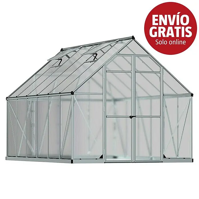 Palram – Canopia Invernadero Essence - Medidas ext. (An x Pr): 244 x 367 cm, Material de la pared lateral: Plástico, 6 mm, Plateado - Invernadero de estructura plateada con paneles transparentes, ventilación en el techo y doble puerta.