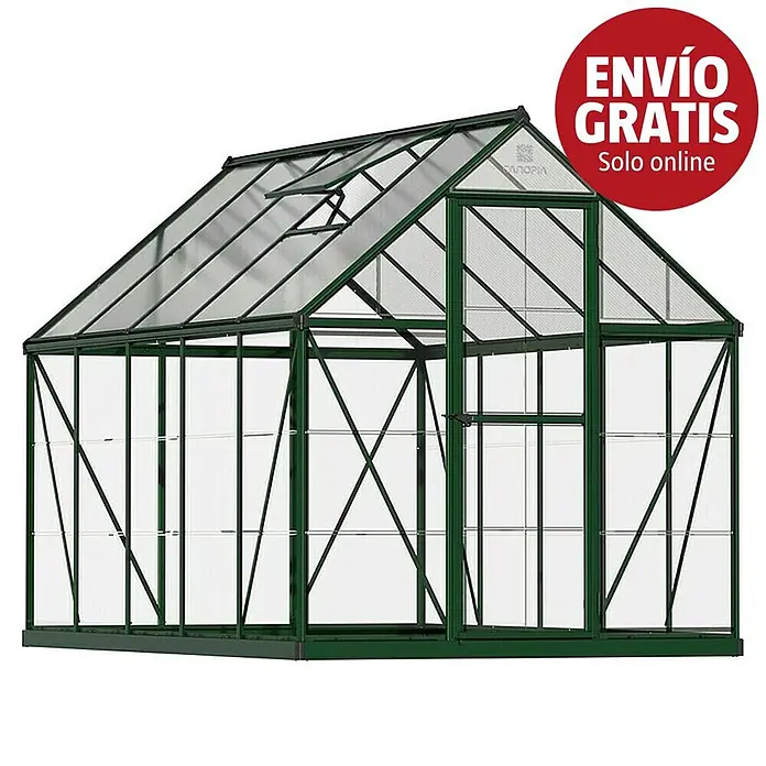Palram – Canopia Invernadero Hybrid - Medidas ext. (An x Pr): 185 x 306 cm, 0,7 mm, Verde - Invernadero verde con paneles transparentes, una ventana de techo abatible y puerta única.