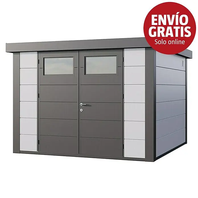 Telluria Caseta para jardín Classico 3030 - Medidas ext. (An x Pr): 318 x 318 cm, Acero, Blanco/Antracita, Sin set - Caseta de jardín moderna gris y blanca de metal con techo plano y dos puertas con ventanas.