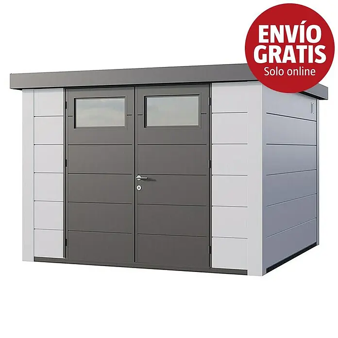 Telluria Caseta para jardín Classico 3030 - Medidas ext. (An x Pr): 318 x 318 cm, Acero, Blanco, Sin set - Cobertizo de jardín moderno gris y blanco con puertas dobles, ventanas y techo plano.