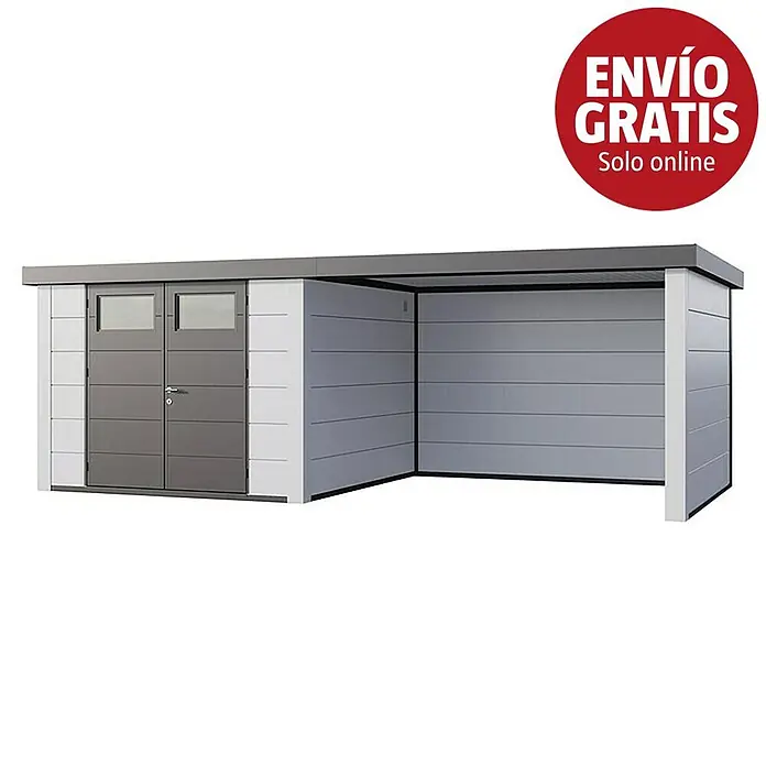 Telluria Caseta para jardín Classico 3030 con salón a la derecha - Medidas ext. (An x Pr): 662 x 318 cm, Acero, Blanco, Sin set - Cobertizo de jardín metálico gris y blanco con doble puerta y ventanas, integrado con una estructura de cochera abierta.