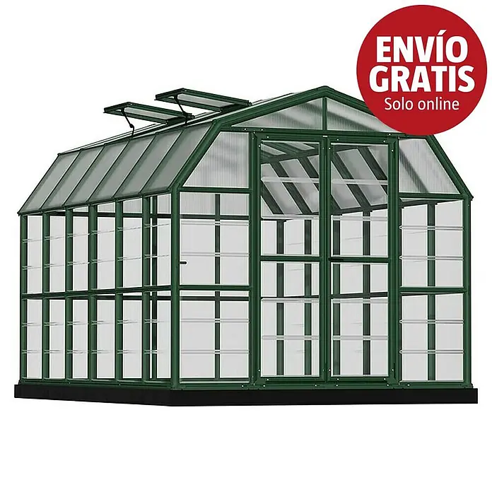 Palram – Canopia Invernadero Grand Gardener - Medidas ext. (An x Pr): 264,7 x 388,6 cm, Material de la pared lateral: Plástico, 0,8 mm, Verde - Invernadero verde con paneles translúcidos y ventilaciones de techo sobre base negra.