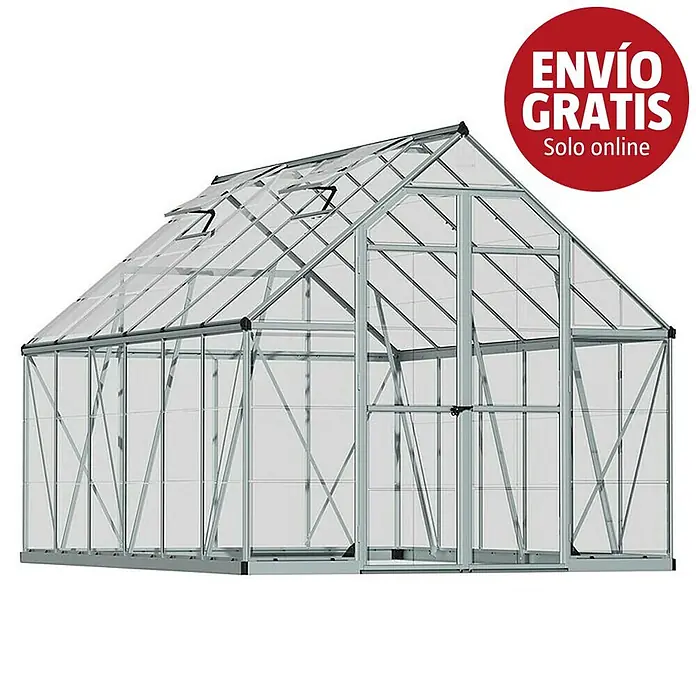 Palram – Canopia Invernadero Octave - Medidas ext. (An x Pr): 244 x 367 cm, Material de la pared lateral: Plástico, 0,7 mm, Plateado - Invernadero con estructura plateada y paneles transparentes, techo a dos aguas y ventanas de ventilación.