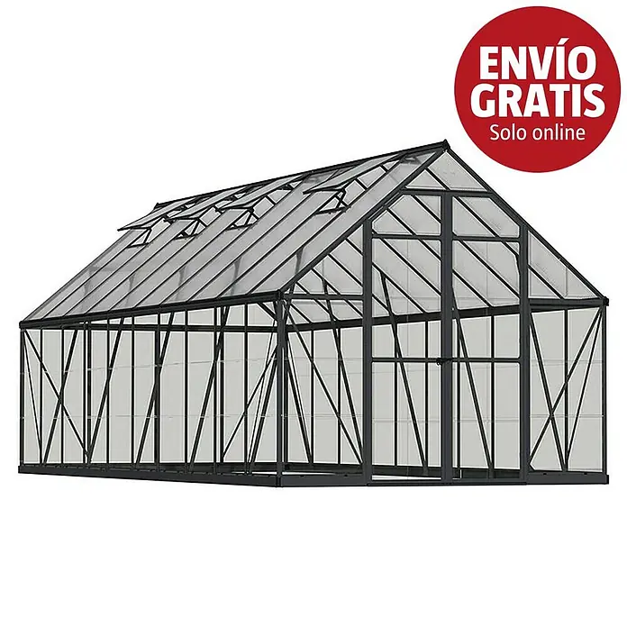 Palram – Canopia Invernadero Balance - Medidas ext. (An x Pr): 244 x 607 cm, 0,7 mm, Gris/Transparente - Invernadero de metal gris oscuro con paneles transparentes y cuatro ventanas de techo abiertas.