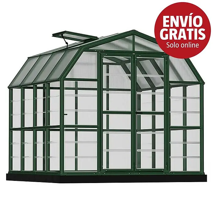 Palram – Canopia Invernadero Grand Gardener - Medidas ext. (An x Pr): 264,7 x 264,2 cm, Material de la pared lateral: Plástico, 0,8 mm, Verde - Un invernadero de estructura verde con paneles translúcidos y una ventilación de techo abierta.