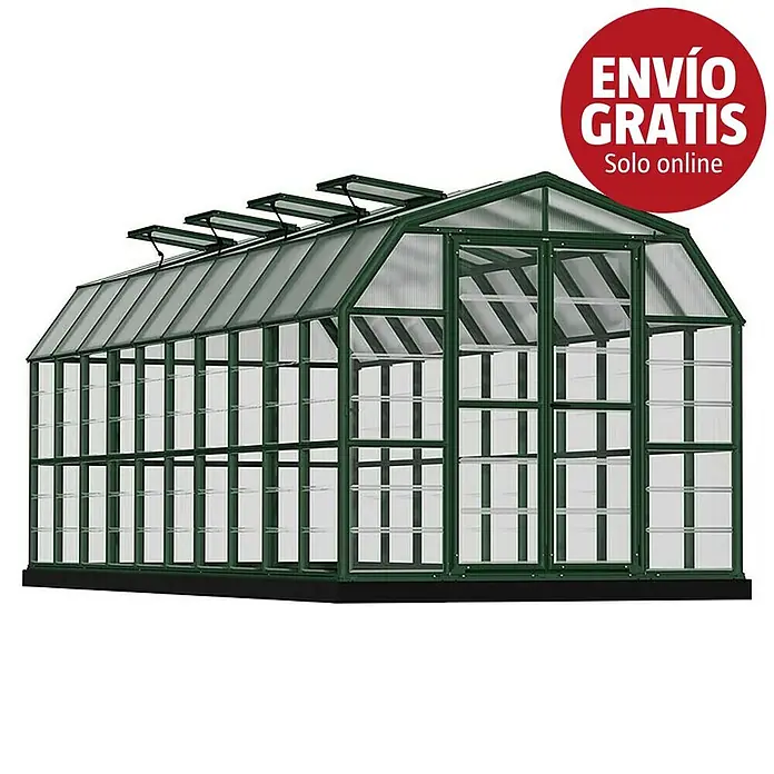 Palram – Canopia Invernadero Grand Gardener - Medidas ext. (An x Pr): 264,7 x 637,3 cm, Material de la pared lateral: Plástico, 0,8 mm, Verde - Invernadero verde grande con paneles transparentes, ventanas de techo automáticas y círculo rojo "ENVÍO GRATIS Solo online".