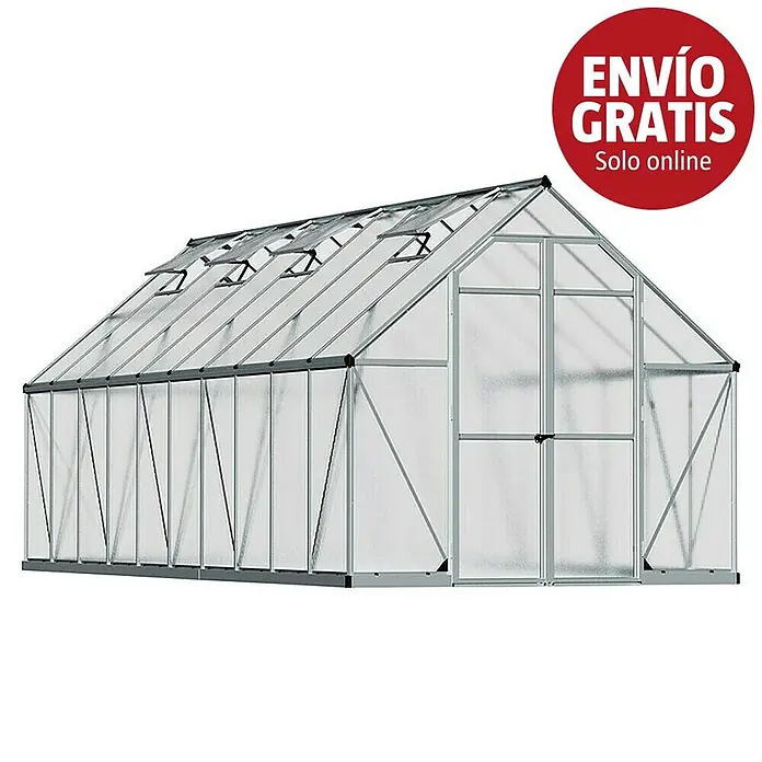 Palram – Canopia Invernadero Essence - Medidas ext. (An x Pr): 244 x 607 cm, Material de la pared lateral: Plástico, 6 mm, Plateado - Invernadero grande con estructura de aluminio plateado, paneles transparentes, techo a dos aguas con ventanas y doble puerta.