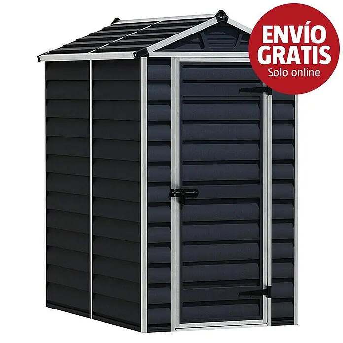 Palram – Canopia Caseta de jardín Skylight - Medidas ext. (An x Pr): 121 x 177 cm, Plástico, Antracita - Caseta de jardín gris oscuro con diseño de lamas y ribete plateado, con una puerta con pestillo.