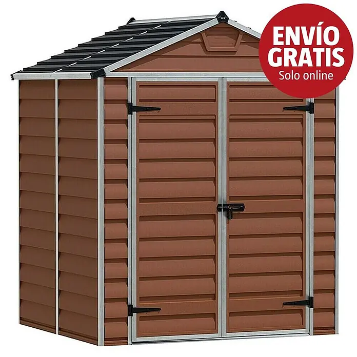 Palram – Canopia Caseta de jardín Skylight - Medidas ext. (An x Pr): 185 x 154 cm, Plástico, Ámbar - Caseta de jardín de plástico marrón con techo negro y marco plateado, con doble puerta para almacenamiento exterior.