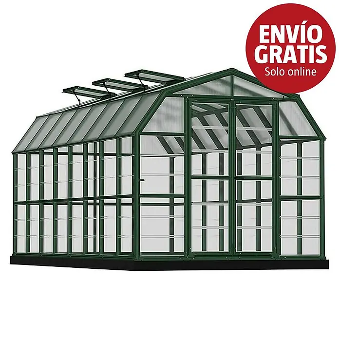 Palram – Canopia Invernadero Grand Gardener - Medidas ext. (An x Pr): 264,7 x 513 cm, Material de la pared lateral: Plástico, 0,8 mm, Verde - Invernadero verde con paneles transparentes y ventanas de techo abiertas.