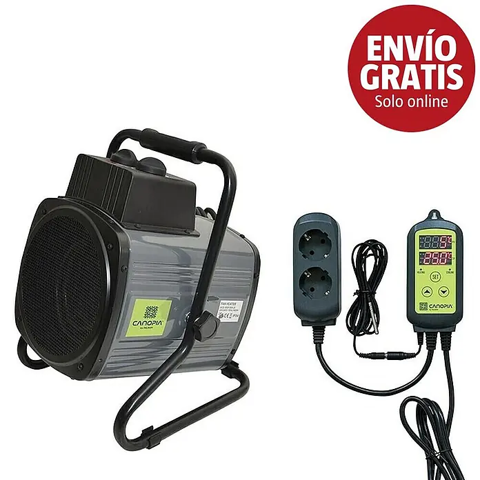 Palram – Canopia Calefacción para invernadero - L x An x Al: 26,5 x 29,5 x 37 cm - Calefactor de ventilador gris con asa/soporte negro, acompañado de un termostato digital negro y regleta para el control de la temperatura.