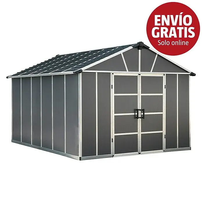Palram – Canopia Caseta de jardín Yukon - Medidas ext. (An x Pr): 332 x 643 cm, Plástico, Antracita/Plata, Con suelo - Un cobertizo de jardín de metal gris con techo a dos aguas gris oscuro y puertas dobles.