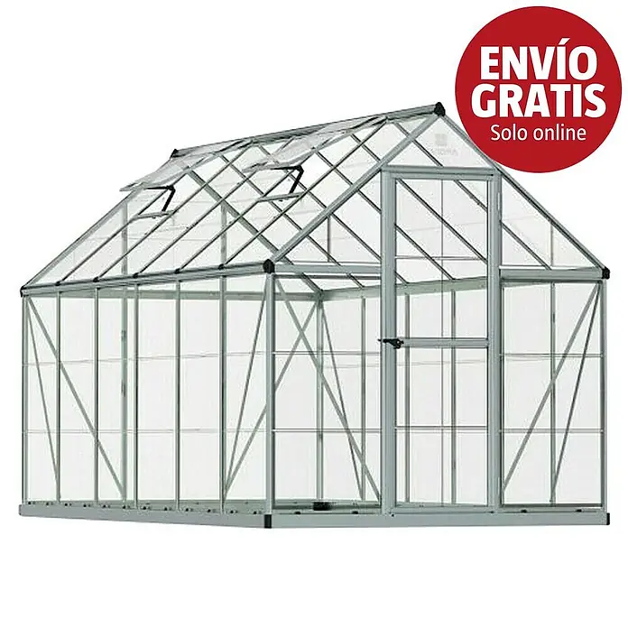 Palram – Canopia Invernadero Harmony - Medidas ext. (An x Pr): 185 x 370 cm, Plateado, Área: 6,8 m² - Invernadero con estructura de metal gris, paneles transparentes, dos ventanas en el techo y una puerta.