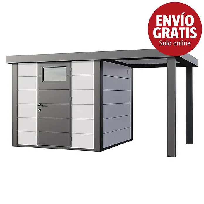 Telluria Caseta para jardín Classico 2424 con salón abierto a la derecha - Medidas ext. (An x Pr): 426 x 258 cm, Acero, Blanco/Antracita, Sin set - Caseta de jardín moderna gris y blanca de metal con garaje integrado.