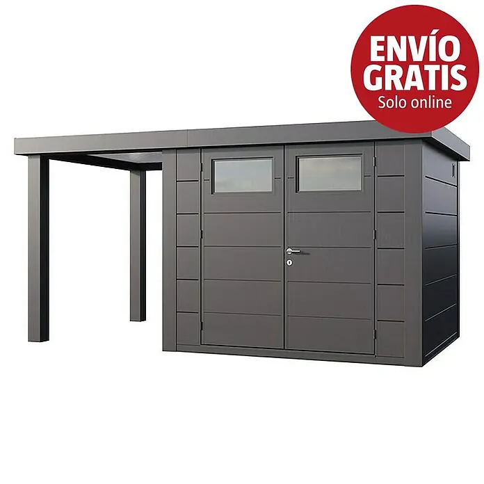 Telluria Caseta para jardín Classico 2724 con salón abierto a la izquierda - Medidas ext. (An x Pr): 456 x 258 cm, Acero, Antracita, Sin set - Cobertizo de jardín de metal gris oscuro con marquesina adjunta, dos puertas con ventanas rectangulares.