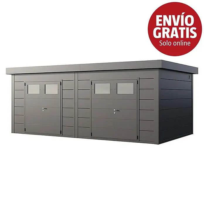 Telluria Caseta para jardín Duo 3336+ - Medidas ext. (An x Pr): 672 x 388 cm, Acero, Antracita, Sin set - Garaje/cobertizo doble gris oscuro con dos puertas dobles y ventanas.