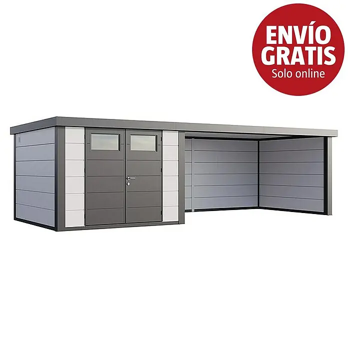 Telluria Caseta para jardín Classico 3030 con salón XL a la derecha - Medidas ext. (An x Pr): 782 x 318 cm, Acero, Blanco/Antracita, Sin set - Cobertizo metálico moderno gris y blanco con puertas dobles y ventanas, integrado con una estructura de cochera abierta.