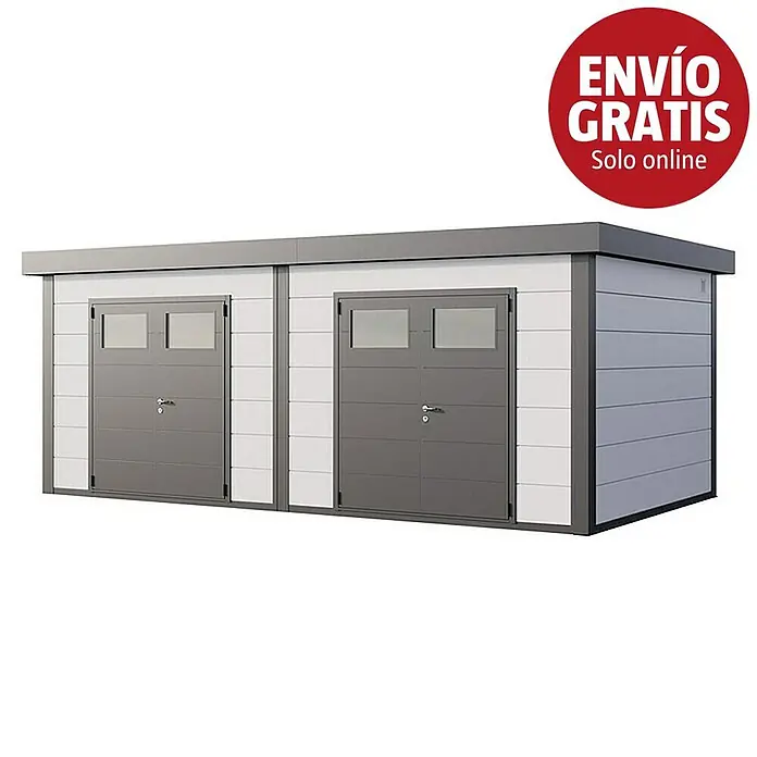 Telluria Caseta para jardín Duo 3336+ - Medidas ext. (An x Pr): 672 x 388 cm, Acero, Blanco/Antracita, Sin set - Garaje/cobertizo doble moderno con dos puertas grises y paredes blancas y grises.